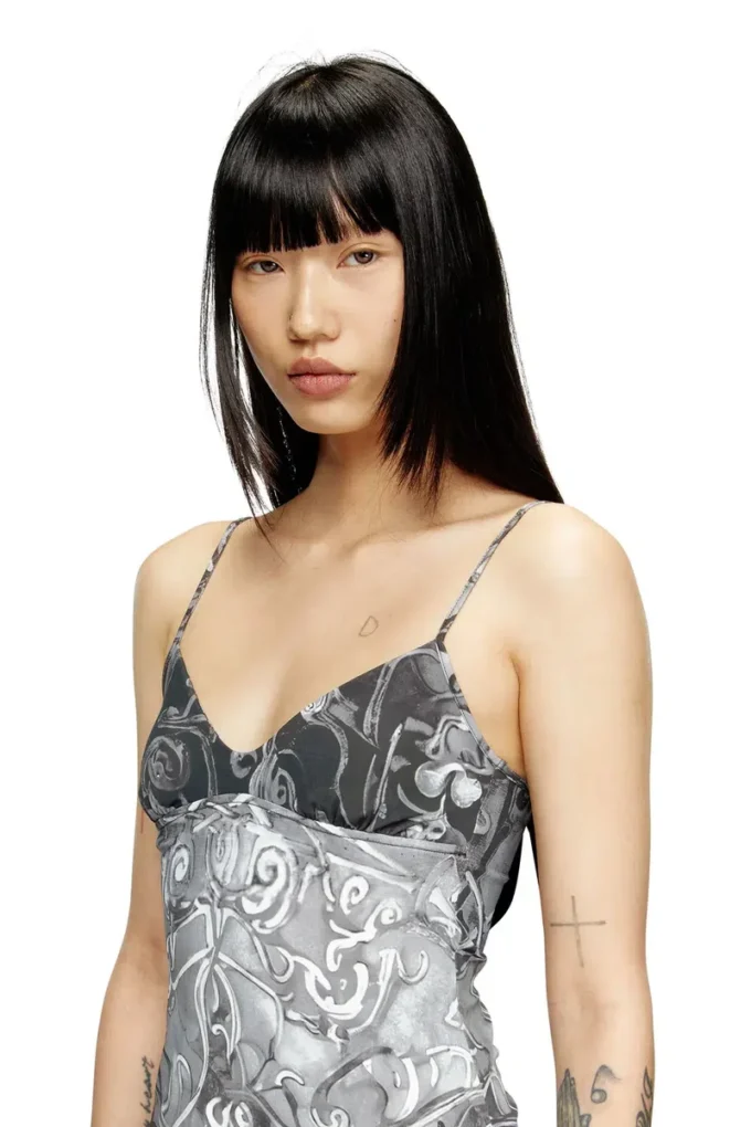 Abito mini in nylon con intarsio e stampa araldica