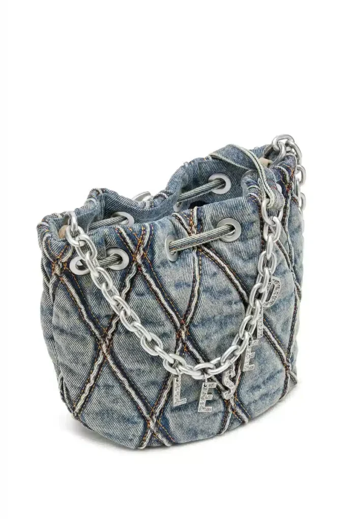 charm-d bucket s Borsa a secchiello Charm-D S-Mini in denim trapuntato argyle