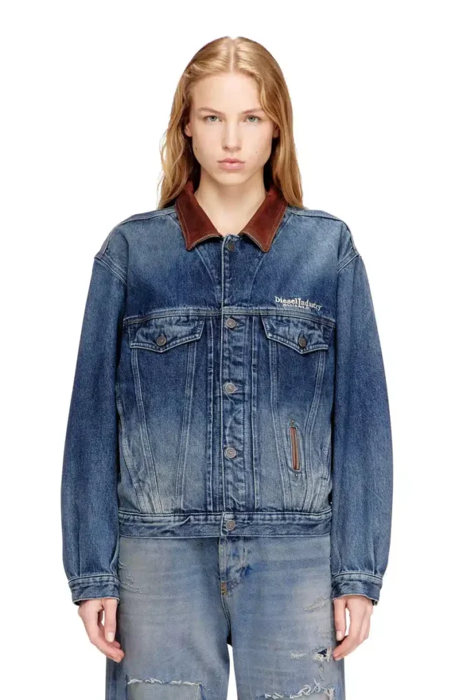 d-denver-s1 Giacca trucker in denim con rifiniture in pelle a contrasto d-denver-s1 Giacca trucker in denim con rifiniture in pelle a contrasto
