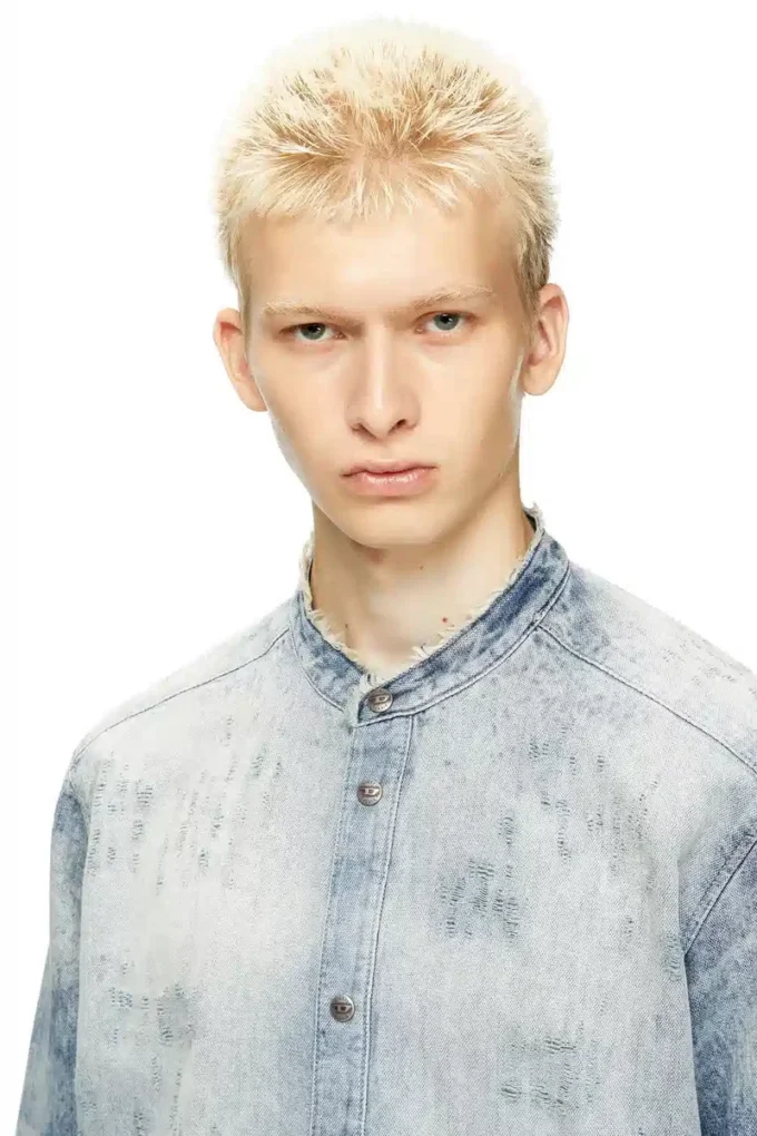 d-simp-fsh Camicia in denim effetto distrutto a nido d’ape d-simp-fsh Camicia in denim effetto distrutto a nido d’ape
