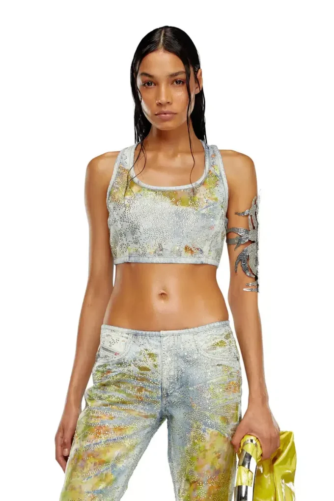 de-detop-fse Top corto in denim devoré a fiori de-detop-fse Top corto in denim devoré a fiori