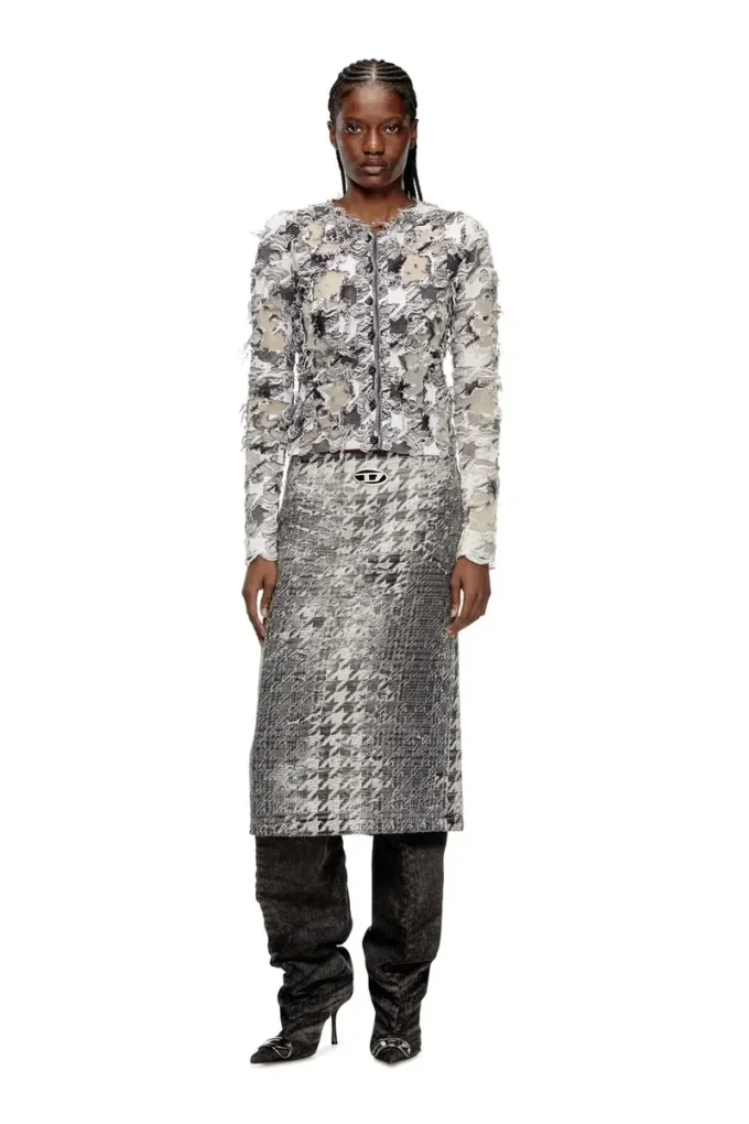 de- rathian-fsh Gonna midi in denim jacquard Principe di Galles de- rathian-fsh Gonna midi in denim jacquard Principe di Galles