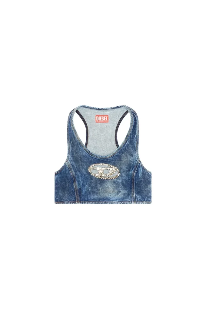 de-top-fse Top corto in denim con placca in cristallo de-top-fse Top corto in denim con placca in cristallo