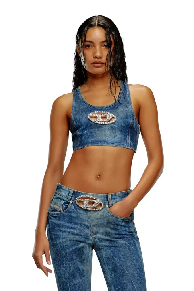 de-top-fse Top corto in denim con placca in cristallo de-top-fse Top corto in denim con placca in cristallo