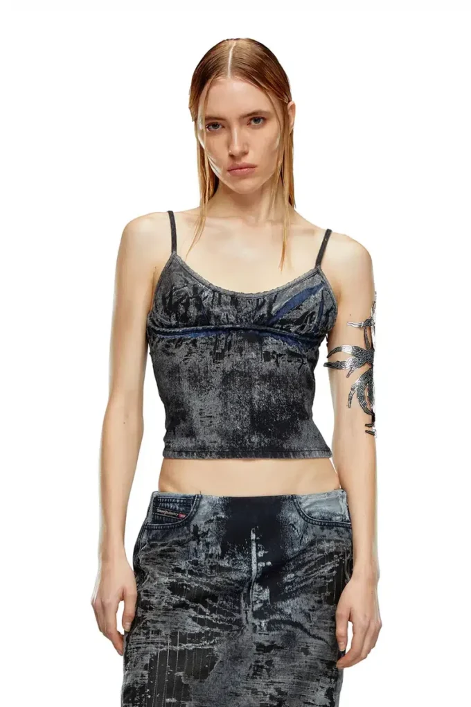 de-verni-fse Top in denim devoré gessato