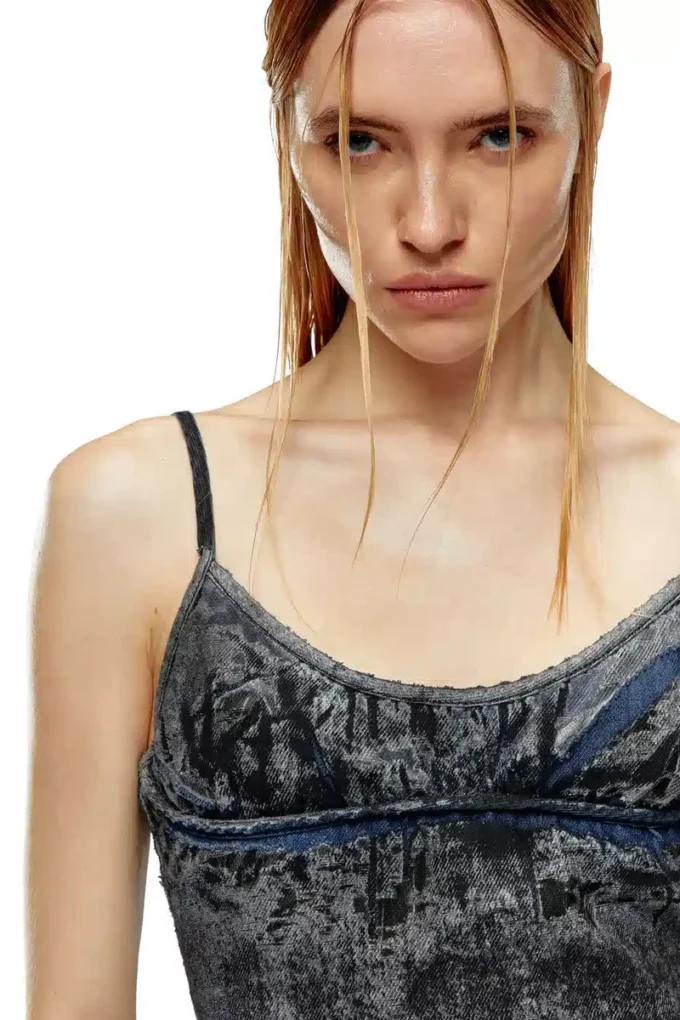 de-verni-fse Top in denim devoré gessato