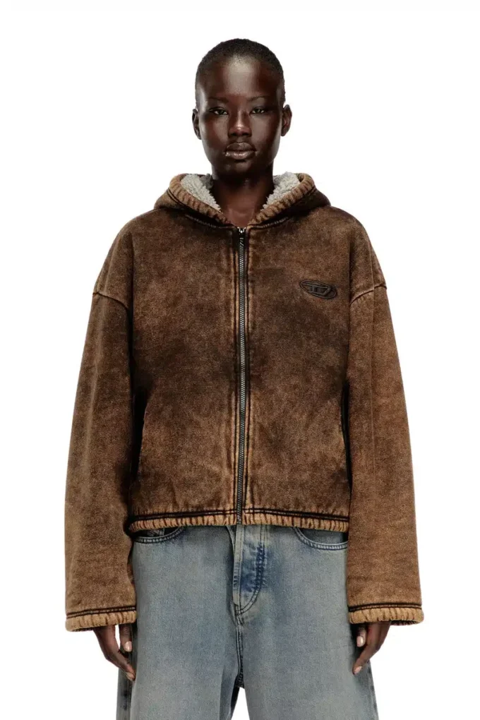 f-ella Felpa con cappuccio e zip acid wash con fodera in peluche f-ella Felpa con cappuccio e zip acid wash con fodera in peluche