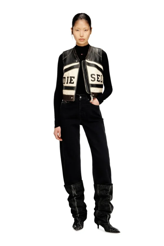 l-flycou-20th Gilet in pelle con logo frontale e strisce a contrasto