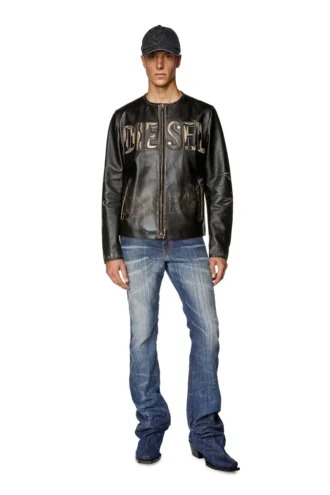 l-met Giacca in pelle effetto consumato con logo in metallo