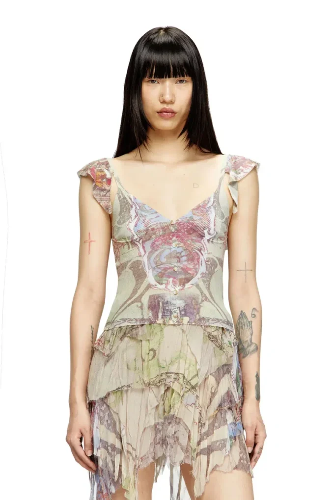 m-fiore Top in maglia con spalle arricciate e stampa medievale m-fiore Top in maglia con spalle arricciate e stampa medievale