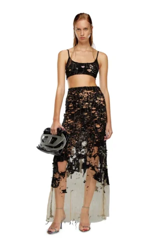 o-leena Gonna lunga in tulle e jersey devoré