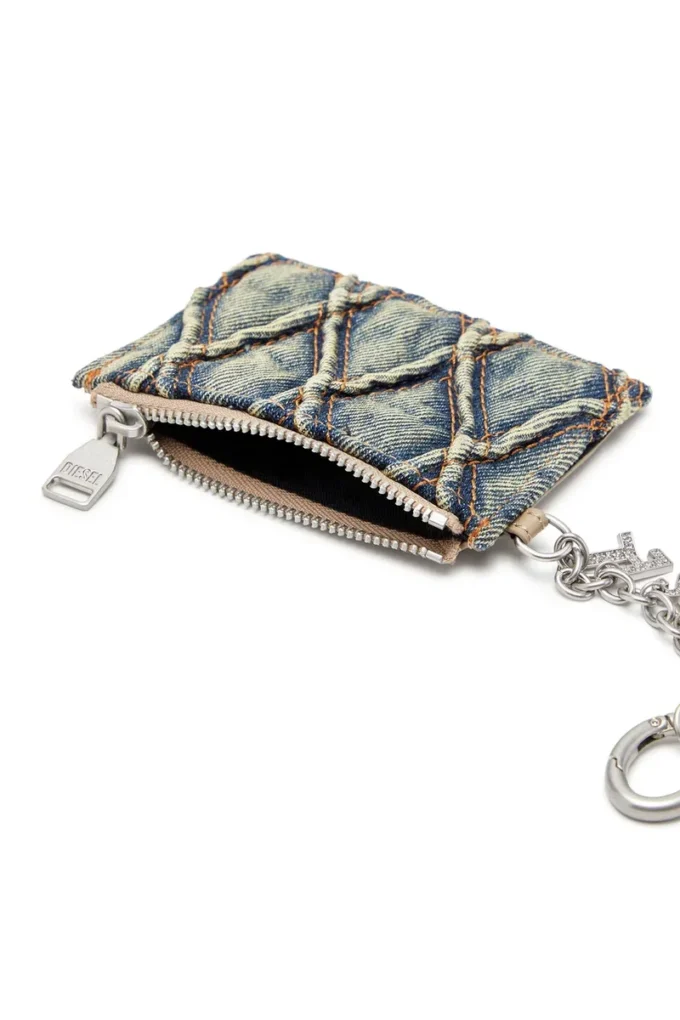 Portacarte con catena Portacarte in denim trapuntato argyle