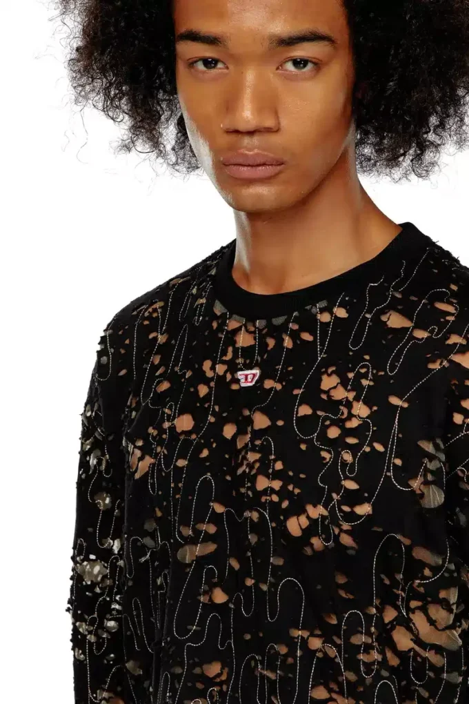 t-boxt-ls-devor T-shirt in tulle con jersey distrutto