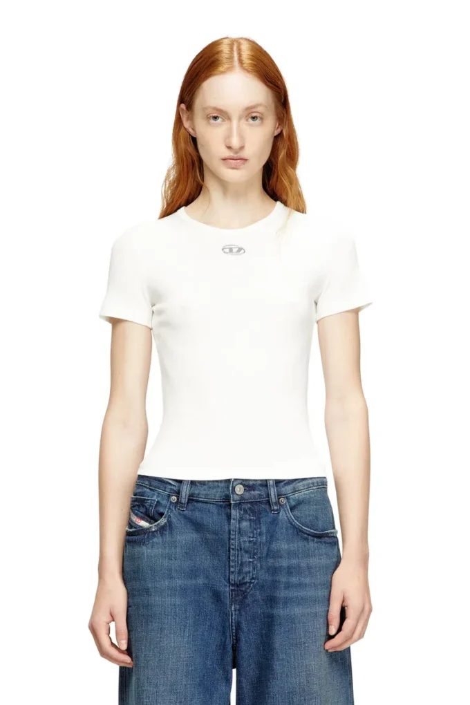 t-ele-long-od T-shirt slim a costine con Oval D metallico