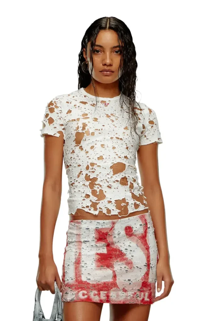 t-uncyna T-shirt in tulle con jersey distrutto