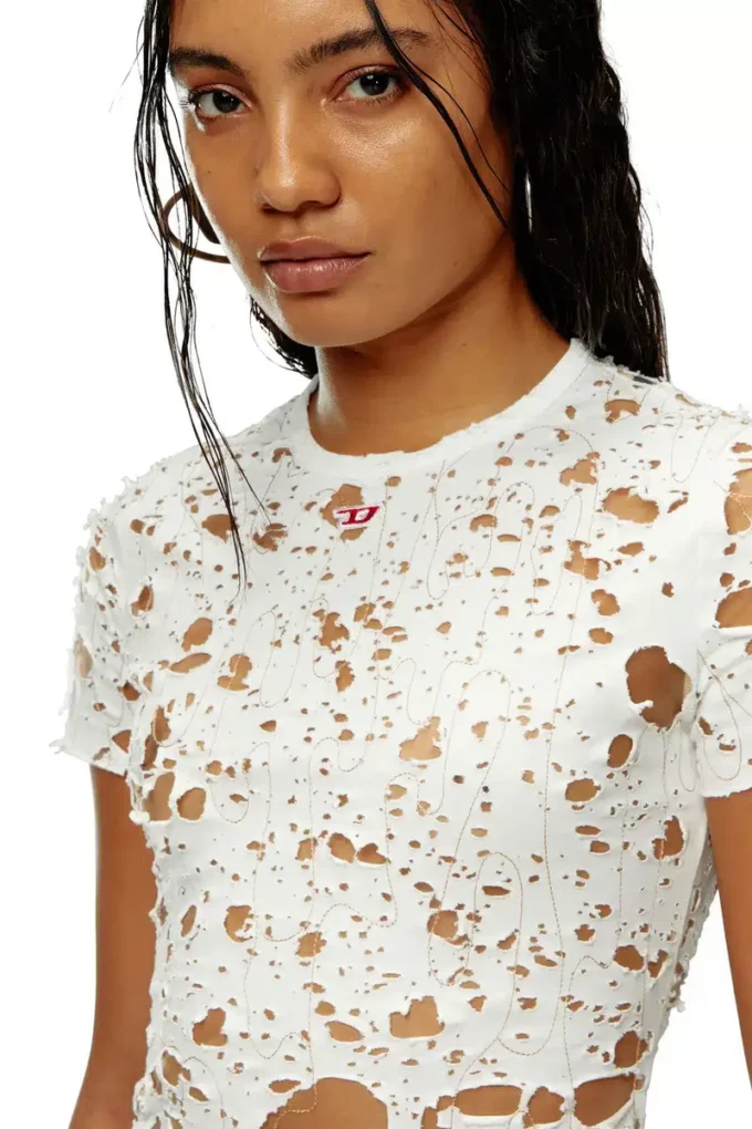t-uncyna T-shirt in tulle con jersey distrutto