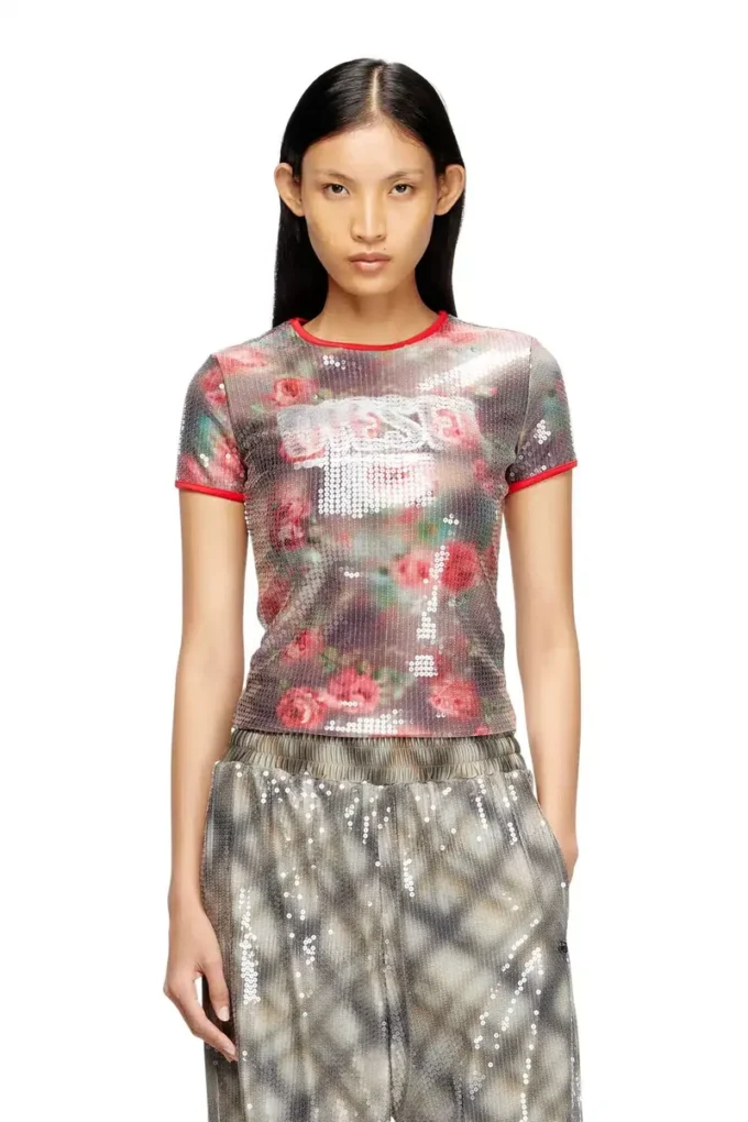 t-unkyel Top aderente in jersey con stampa floreale e paillettes t-unkyel Top aderente in jersey con stampa floreale e paillettes