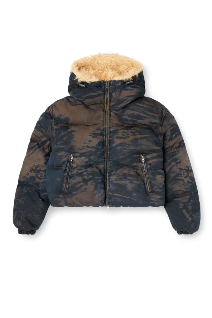 w-aves-fur Piumino con cappuccio in denim mimetico effetto sporco