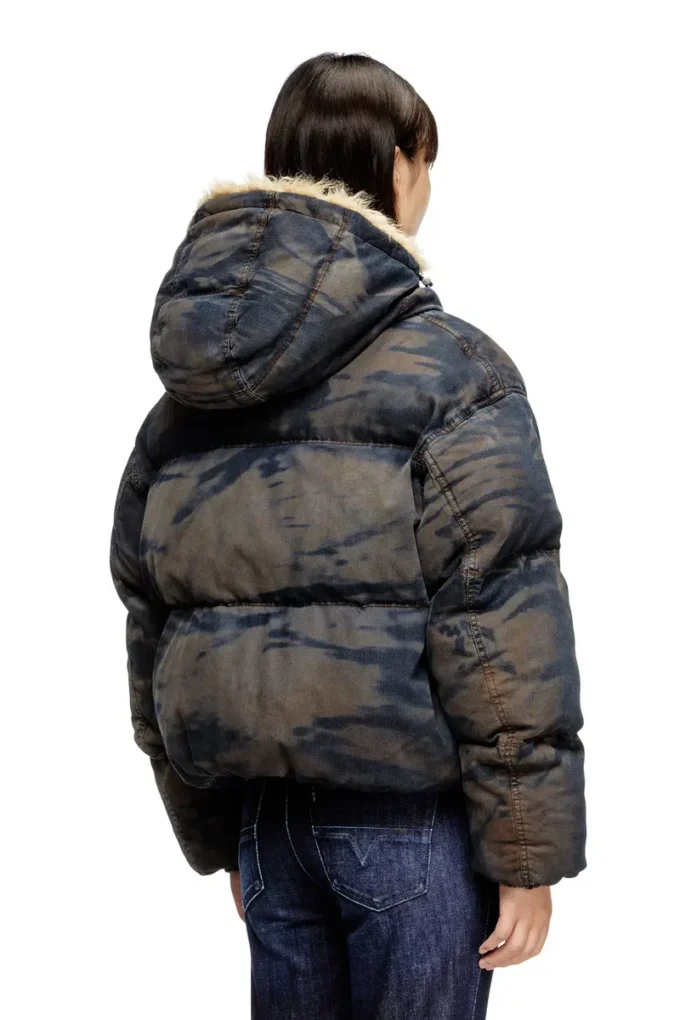 w-aves-fur Piumino con cappuccio in denim mimetico effetto sporco